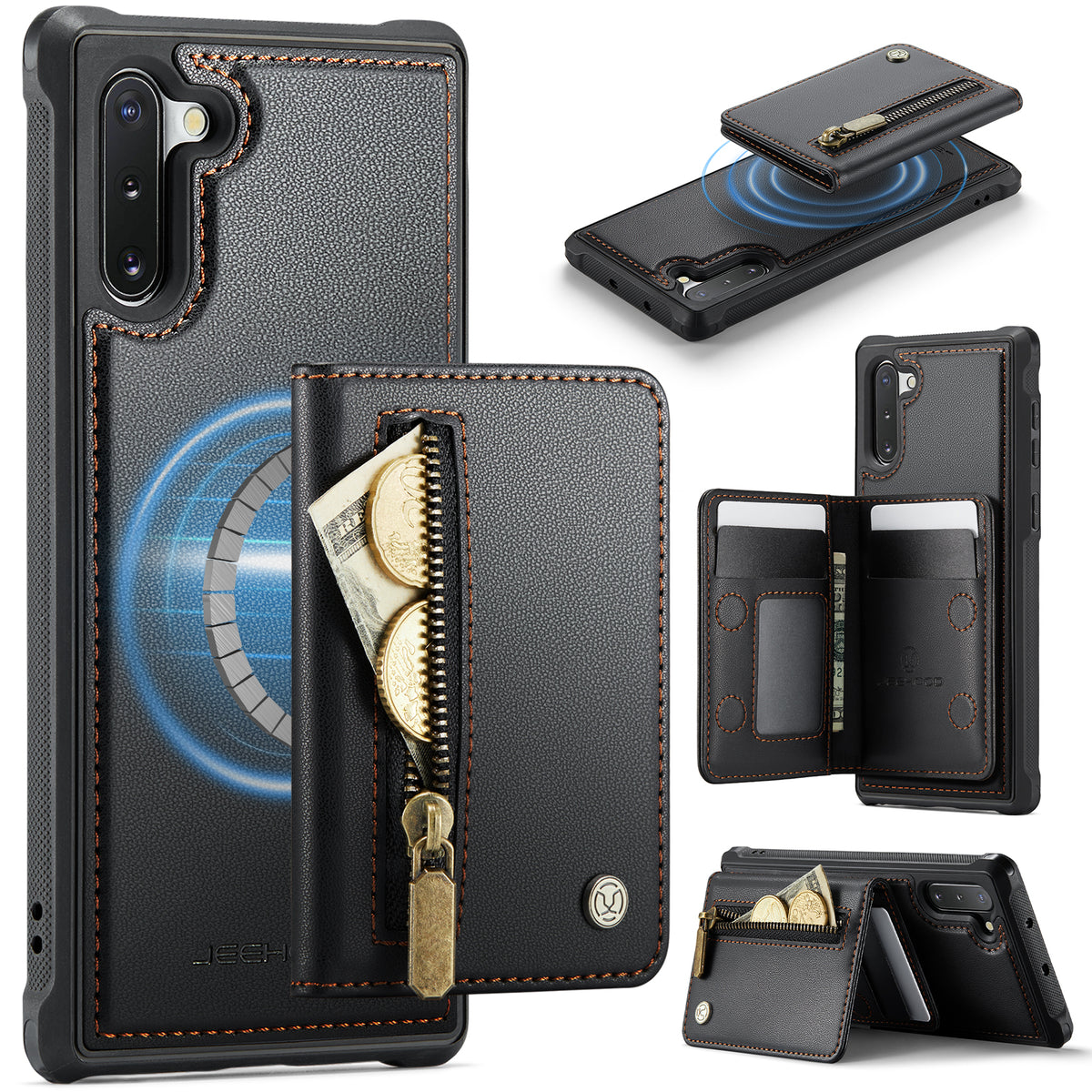 JEEHOOD Til Samsung Galaxy Note 10 4G Cover J12 Magnetisk Aftagelig Lynlås Pung Kickstand Læder Bagcover Magnetisk Cover
