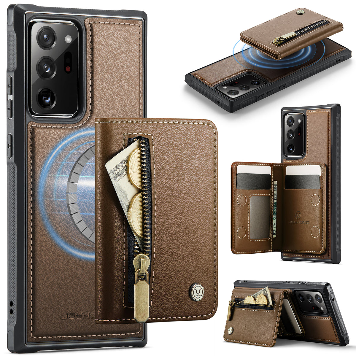 JEEHOOD For Samsung Galaxy Note20 Ultra Case  J12 Magnetic Detachable Zipper Wallet Kickstand Leather Back Cover Magnetic Case
