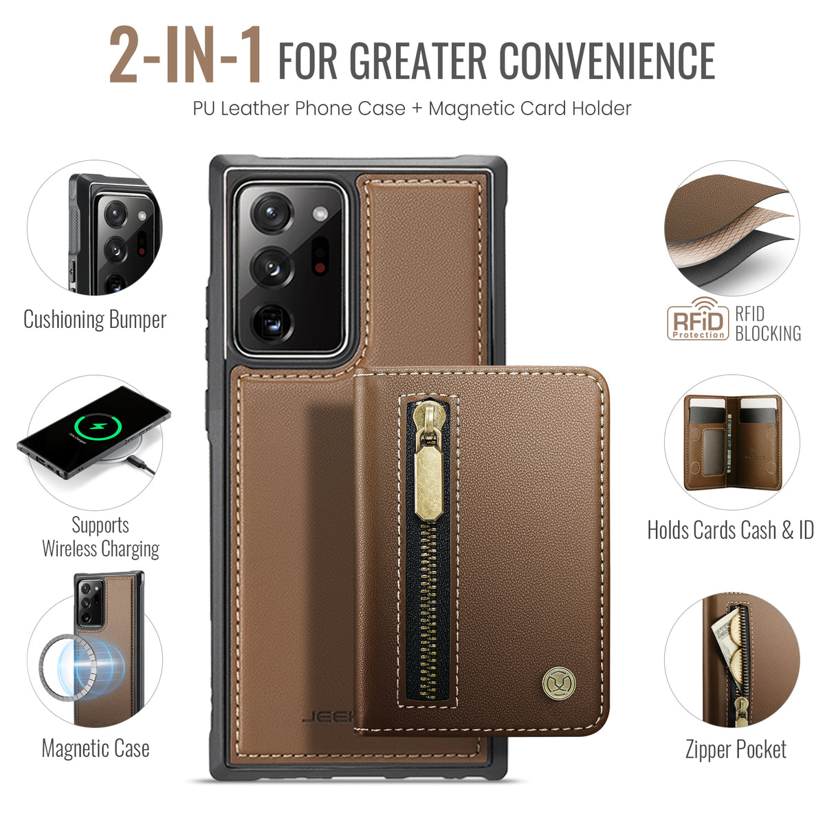 JEEHOOD For Samsung Galaxy Note20 Ultra Case  J12 Magnetic Detachable Zipper Wallet Kickstand Leather Back Cover Magnetic Case