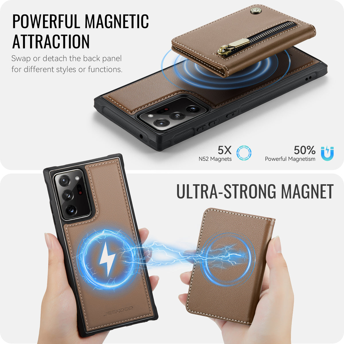 JEEHOOD For Samsung Galaxy Note20 Ultra Case  J12 Magnetic Detachable Zipper Wallet Kickstand Leather Back Cover Magnetic Case