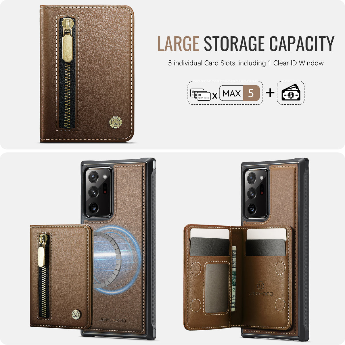 JEEHOOD For Samsung Galaxy Note20 Ultra Case  J12 Magnetic Detachable Zipper Wallet Kickstand Leather Back Cover Magnetic Case