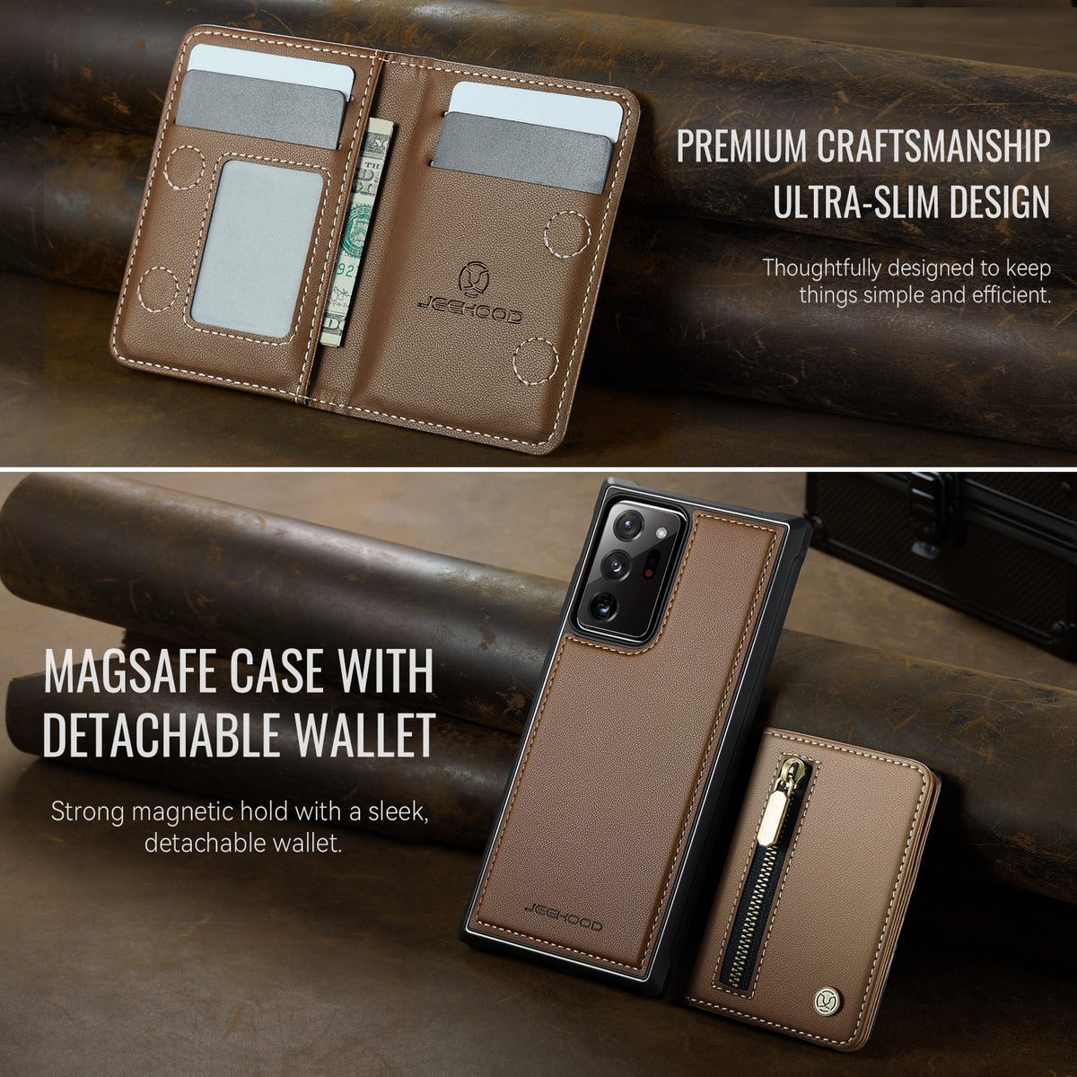 JEEHOOD For Samsung Galaxy Note20 Ultra Case  J12 Magnetic Detachable Zipper Wallet Kickstand Leather Back Cover Magnetic Case