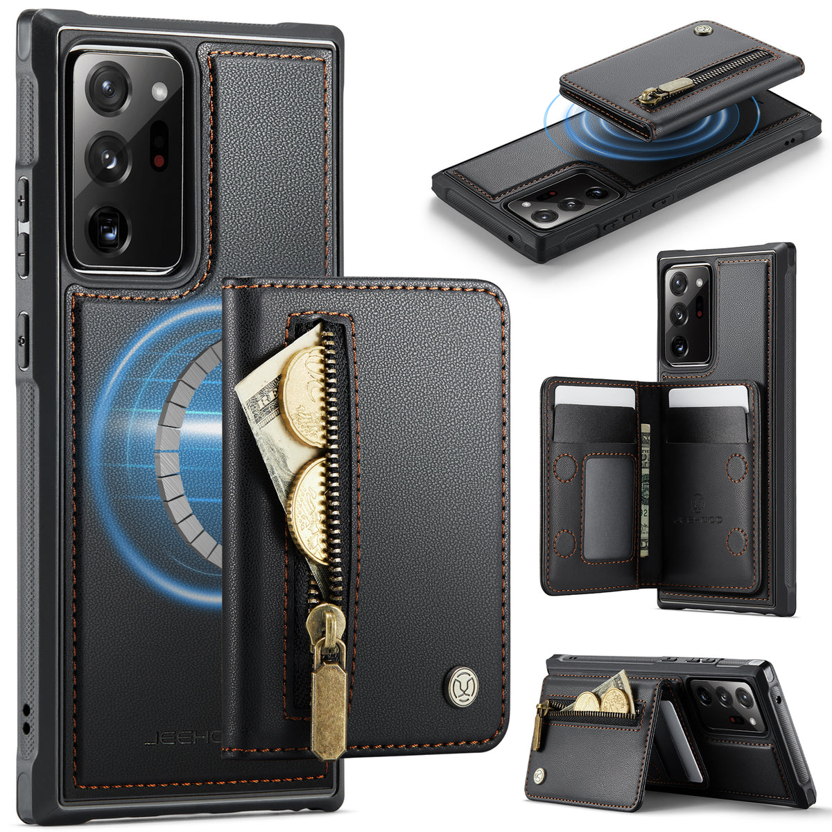 JEEHOOD For Samsung Galaxy Note20 Ultra Case  J12 Magnetic Detachable Zipper Wallet Kickstand Leather Back Cover Magnetic Case