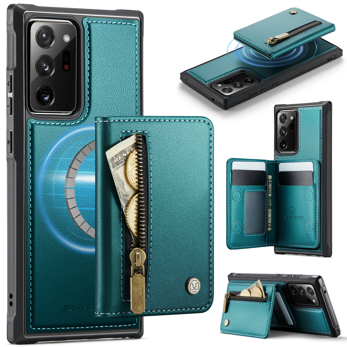 JEEHOOD For Samsung Galaxy Note20 Ultra Case  J12 Magnetic Detachable Zipper Wallet Kickstand Leather Back Cover Magnetic Case