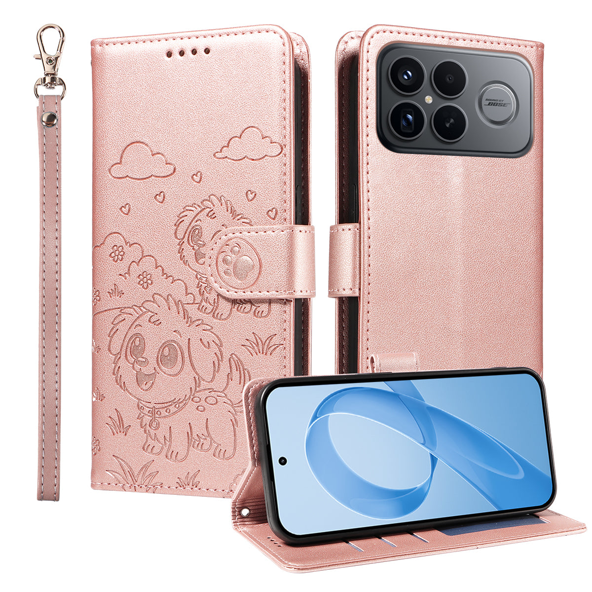 For Xiaomi Redmi K90 Pro Max 5G / Poco F8 Ultra Case RFID Blocking Imprinted Dog Pattern PU Leather Phone Cover with Wrist Strap