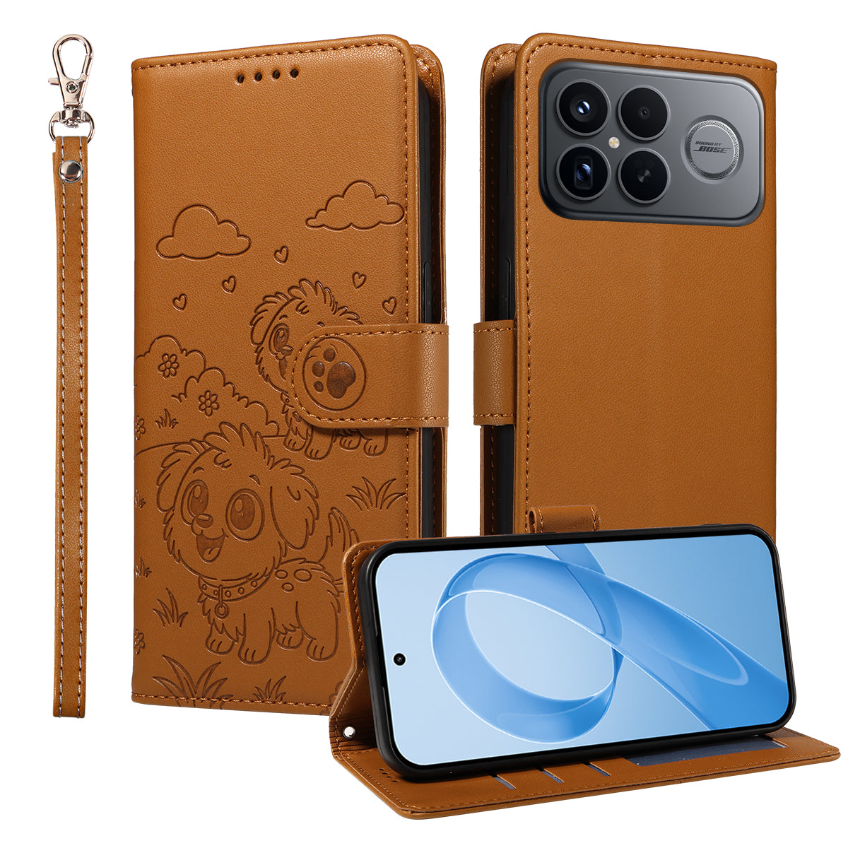 For Xiaomi Redmi K90 Pro Max 5G / Poco F8 Ultra Case RFID Blocking Imprinted Dog Pattern PU Leather Phone Cover with Wrist Strap