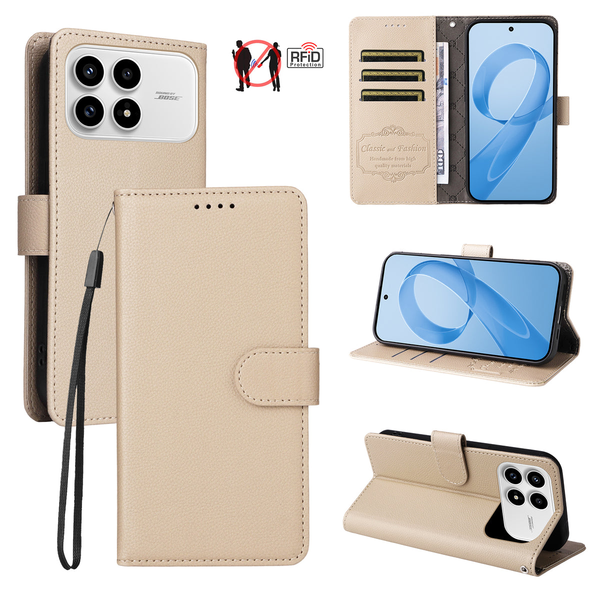 For Xiaomi Redmi K90 5G / Poco F8 Pro 5G Case RFID Blocking 3 Card Slots PU Leather Phone Cover with Wrist Strap