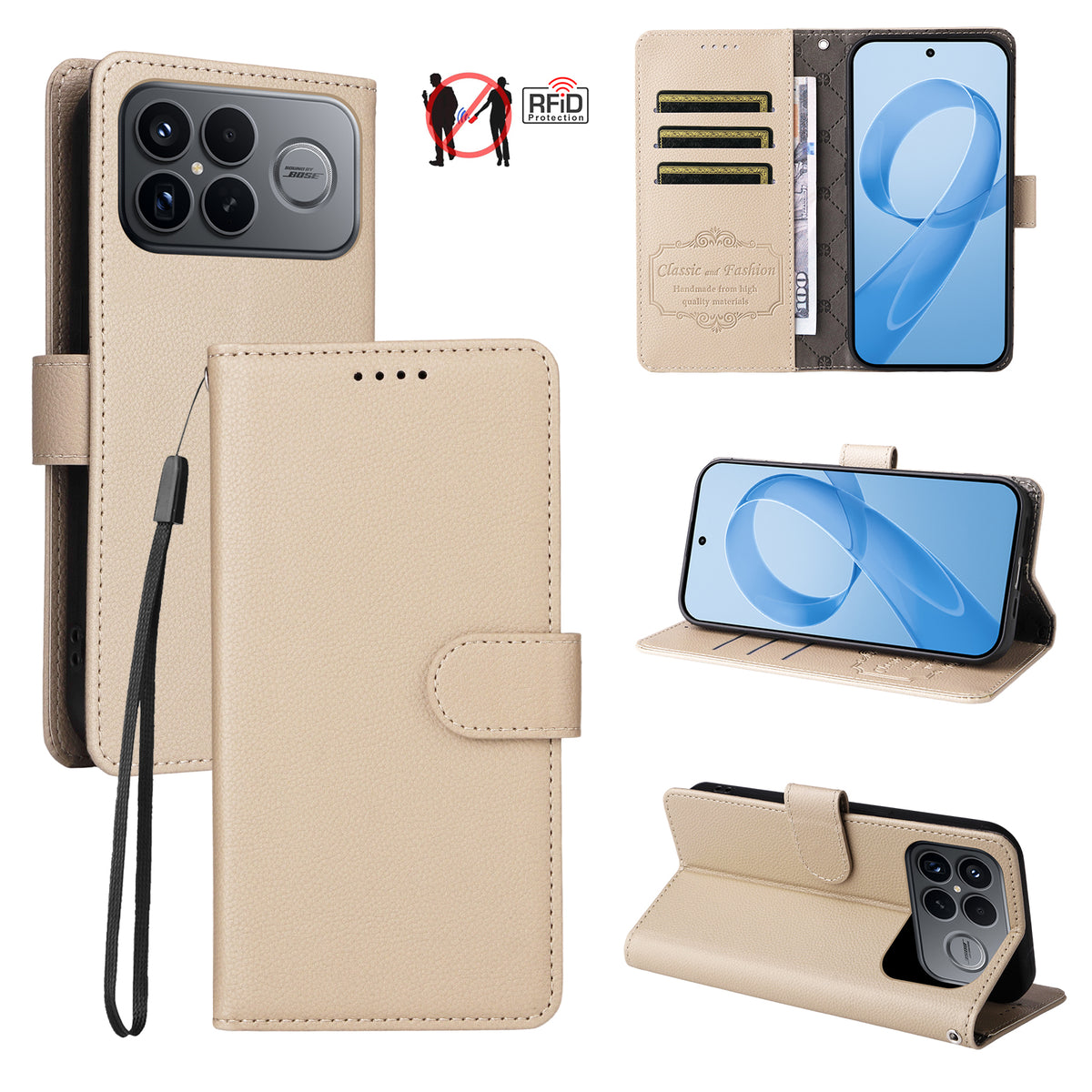 For Xiaomi Redmi K90 Pro Max 5G / Poco F8 Ultra Case RFID Blocking 3 Card Slots PU Leather Phone Cover with Wrist Strap
