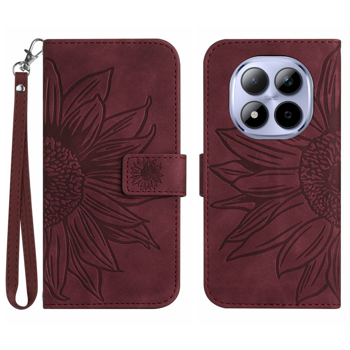 For Xiaomi Poco M8 Pro 5G / Redmi Note 15 Pro+ 5G (Global) Case Sunflower Imprint Leather Wallet Phone Cover with Wrist Strap
