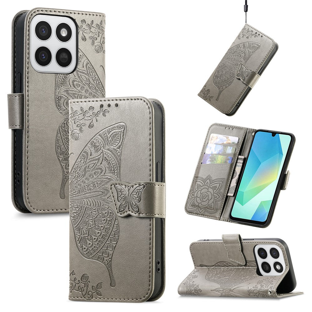 Telefoncover til Honor 400 Smart 5G / 400 Smart 4G / X7d 4G / X7d 5G med rem, sommerfuglemønster, PU-læder, tegnebogstelefoncover