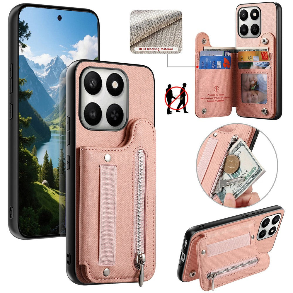 Phone Case for Honor 400 Smart 5G / 400 Smart 4G / X7d 4G / X7d 5G RFID Blocking Card Holder Jeans Cloth Texture Leather Back Cover with Elastic Wristband