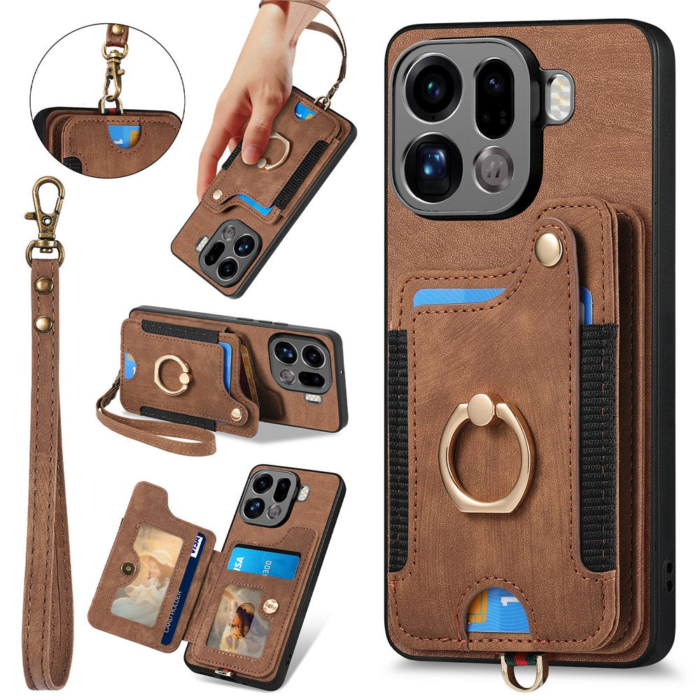 For Oppo Find X9 Pro 5G Retro PU Leather Case Phone Cover with RFID Blocking Card Holder   /   Ring Holder