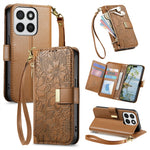Phone Case for Honor 400 Smart 5G  /  400 Smart 4G  /  X7d 4G  /  X7d 5G Floral Leaf Pattern Multi Card Slots Zipper Leather Phone Cover with Wrist Strap