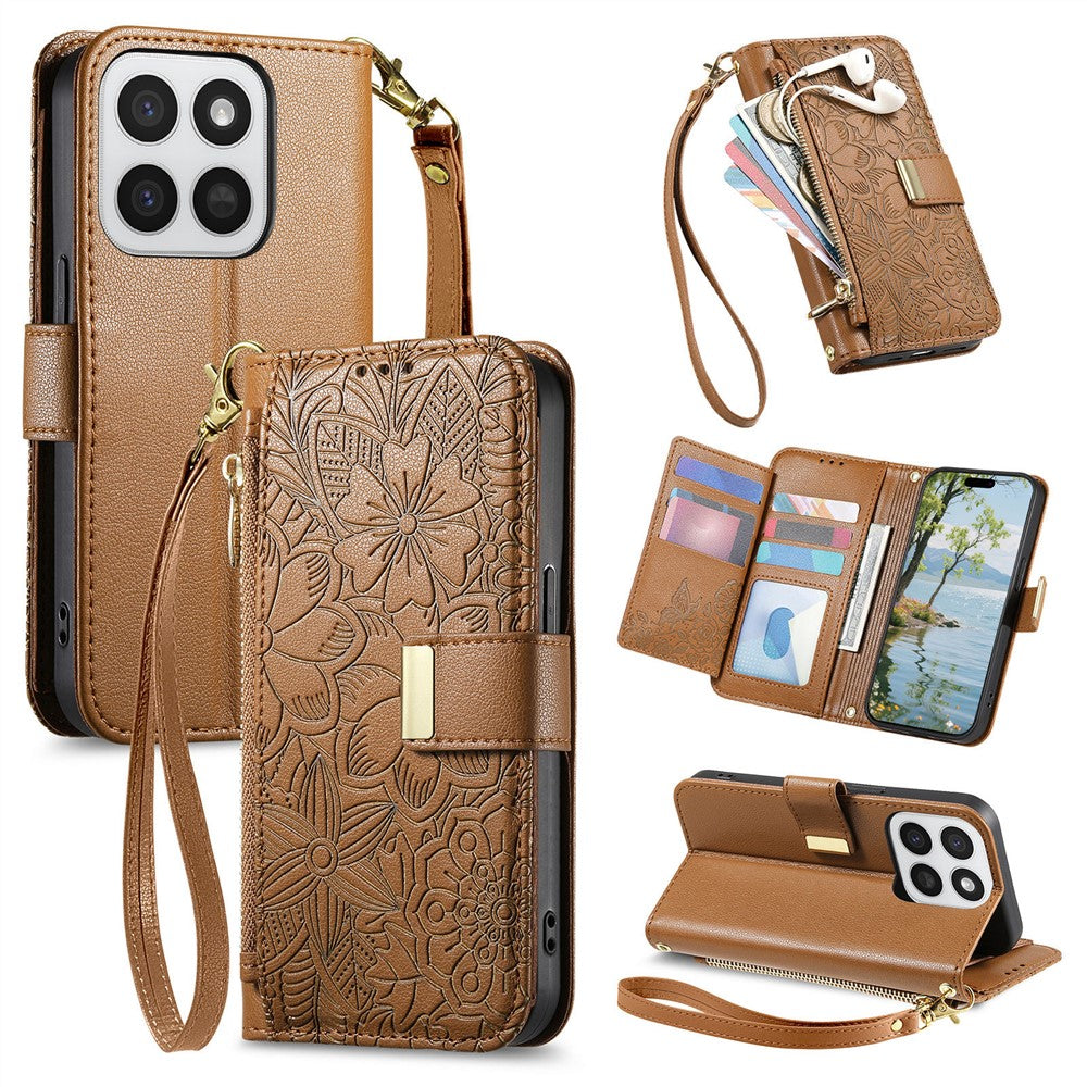 Phone Case for Honor 400 Smart 5G  /  400 Smart 4G  /  X7d 4G  /  X7d 5G Floral Leaf Pattern Multi Card Slots Zipper Leather Phone Cover with Wrist Strap