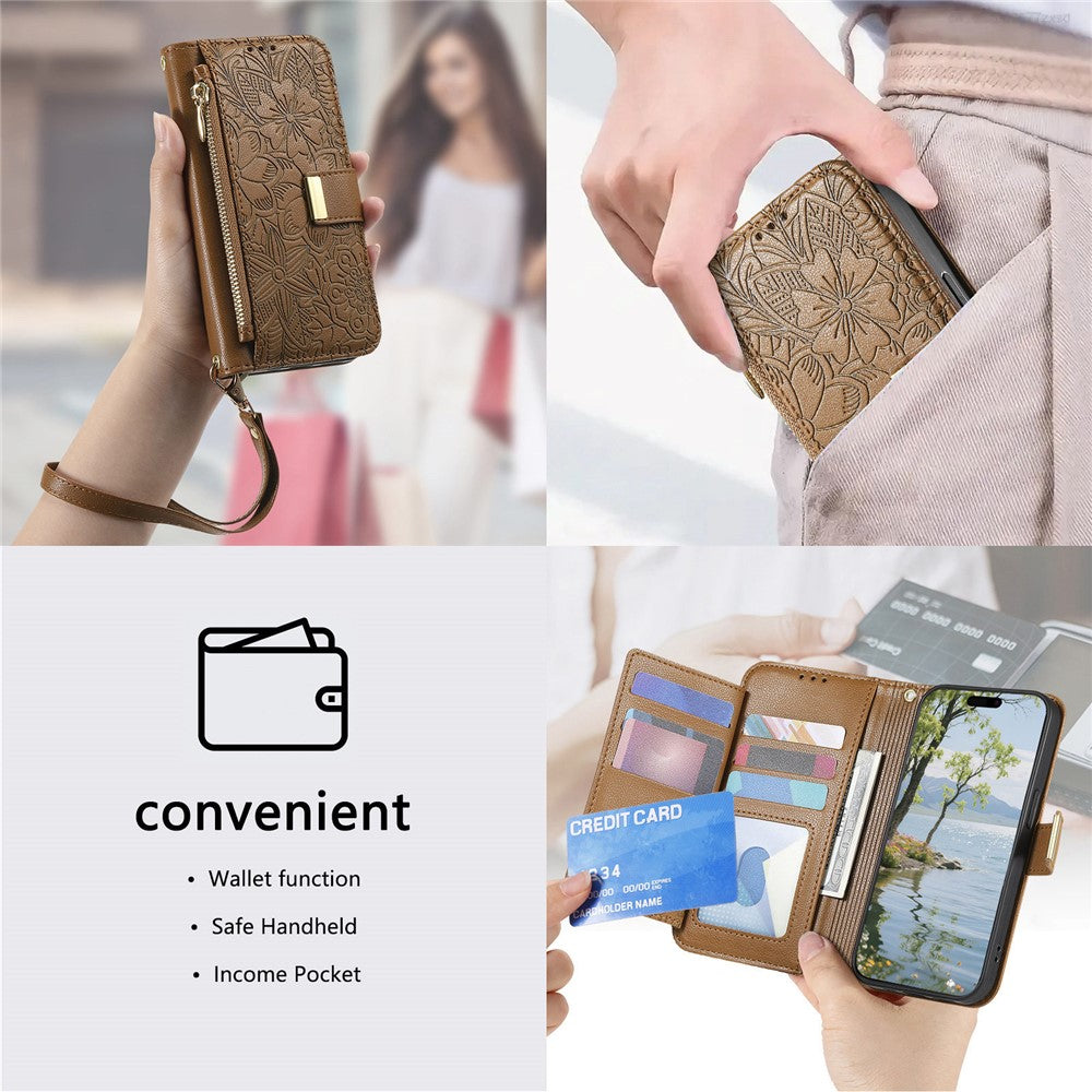 Phone Case for Honor 400 Smart 5G  /  400 Smart 4G  /  X7d 4G  /  X7d 5G Floral Leaf Pattern Multi Card Slots Zipper Leather Phone Cover with Wrist Strap