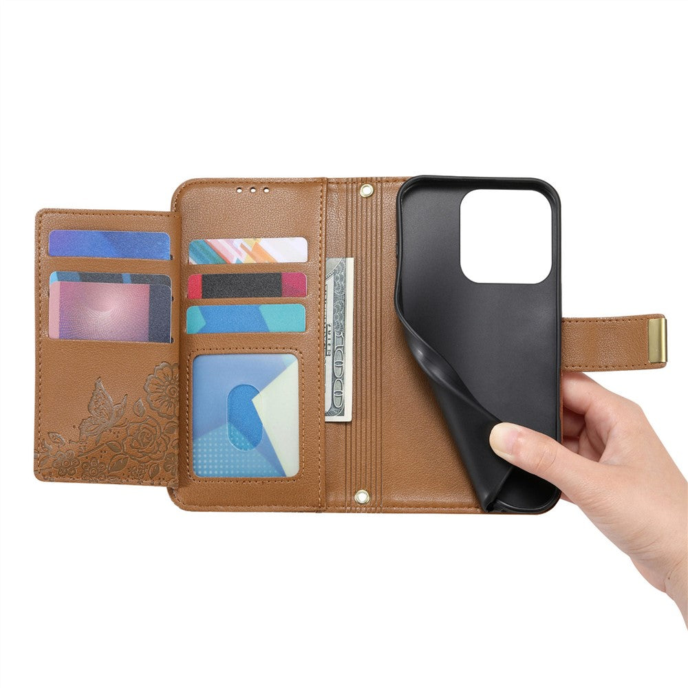Phone Case for Honor 400 Smart 5G  /  400 Smart 4G  /  X7d 4G  /  X7d 5G Floral Leaf Pattern Multi Card Slots Zipper Leather Phone Cover with Wrist Strap