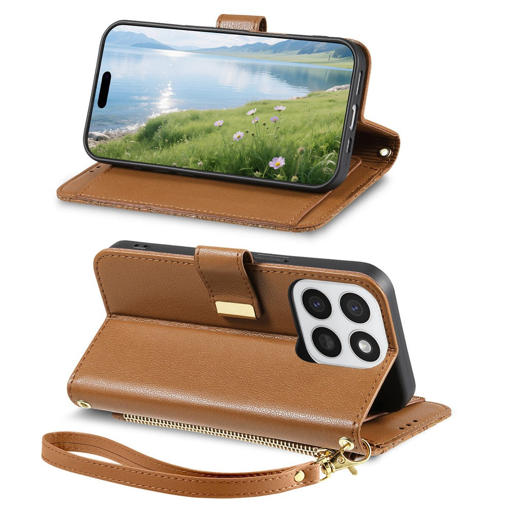 Phone Case for Honor 400 Smart 5G  /  400 Smart 4G  /  X7d 4G  /  X7d 5G Floral Leaf Pattern Multi Card Slots Zipper Leather Phone Cover with Wrist Strap