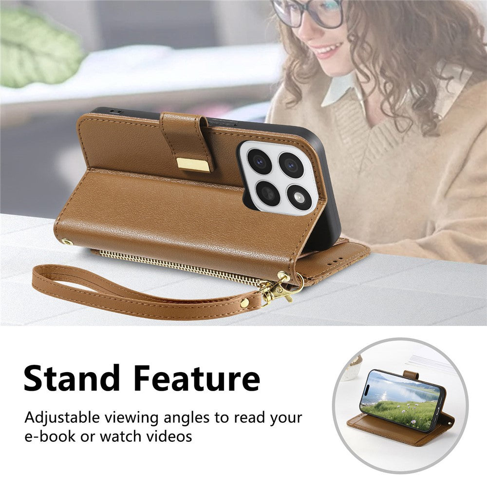 Phone Case for Honor 400 Smart 5G  /  400 Smart 4G  /  X7d 4G  /  X7d 5G Floral Leaf Pattern Multi Card Slots Zipper Leather Phone Cover with Wrist Strap