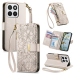 Phone Case for Honor 400 Smart 5G  /  400 Smart 4G  /  X7d 4G  /  X7d 5G Floral Leaf Pattern Multi Card Slots Zipper Leather Phone Cover with Wrist Strap