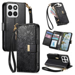Phone Case for Honor 400 Smart 5G  /  400 Smart 4G  /  X7d 4G  /  X7d 5G Floral Leaf Pattern Multi Card Slots Zipper Leather Phone Cover with Wrist Strap