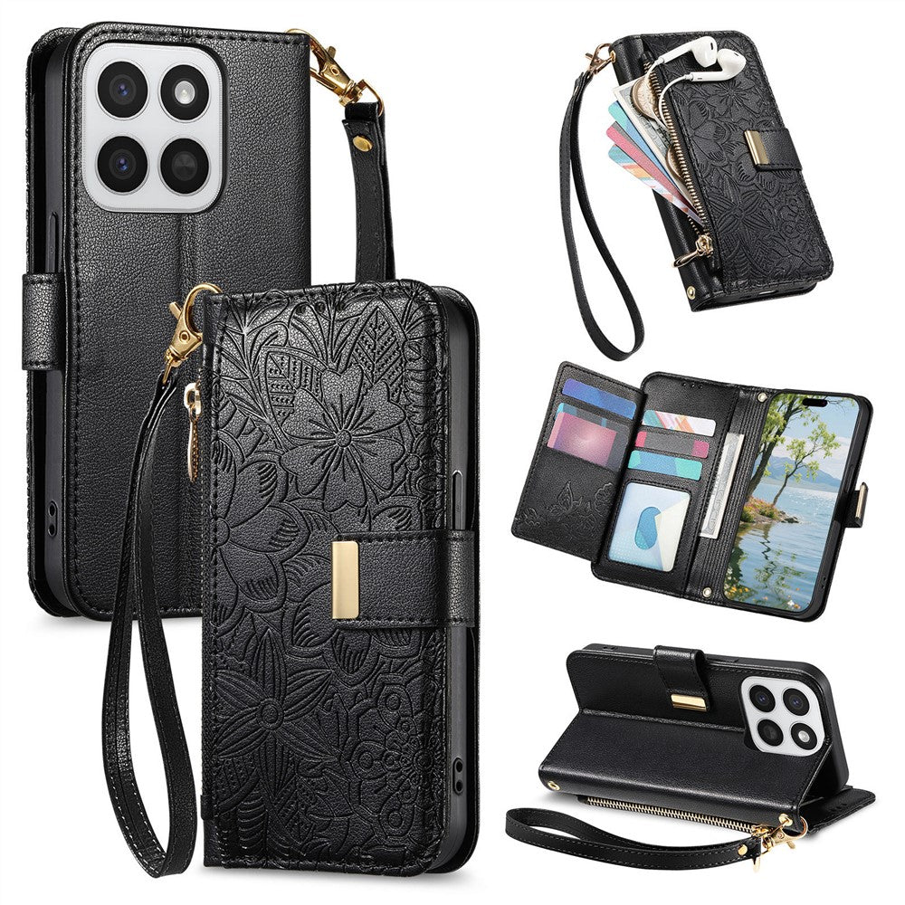 Phone Case for Honor 400 Smart 5G  /  400 Smart 4G  /  X7d 4G  /  X7d 5G Floral Leaf Pattern Multi Card Slots Zipper Leather Phone Cover with Wrist Strap