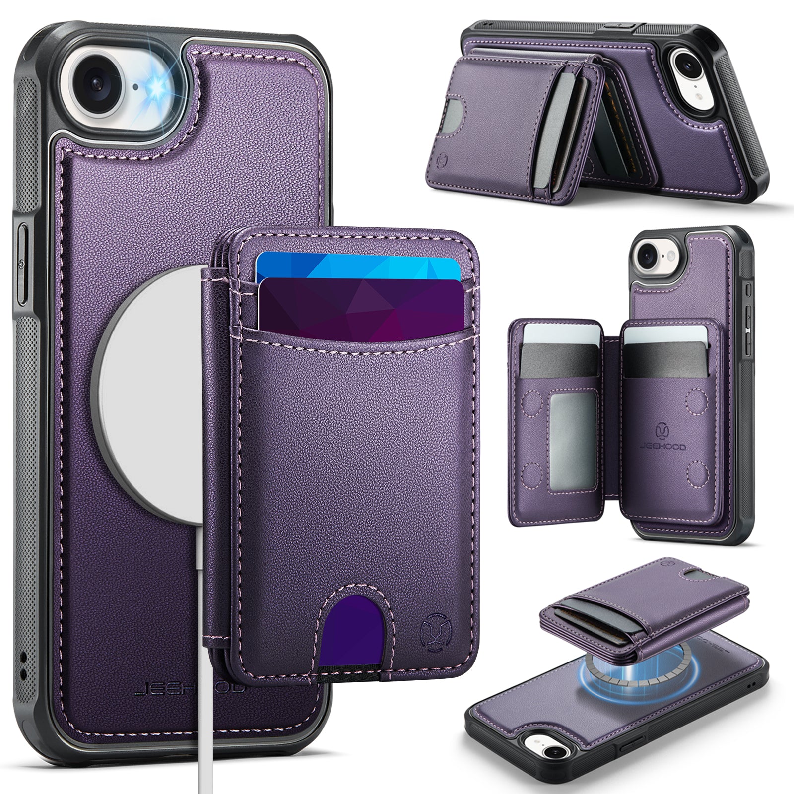 JEEHOOD til iPhone 17e / 16e cover J10 kompatibel med MagSafe læder bagcover til telefon med aftagelig kortholder kickstand
