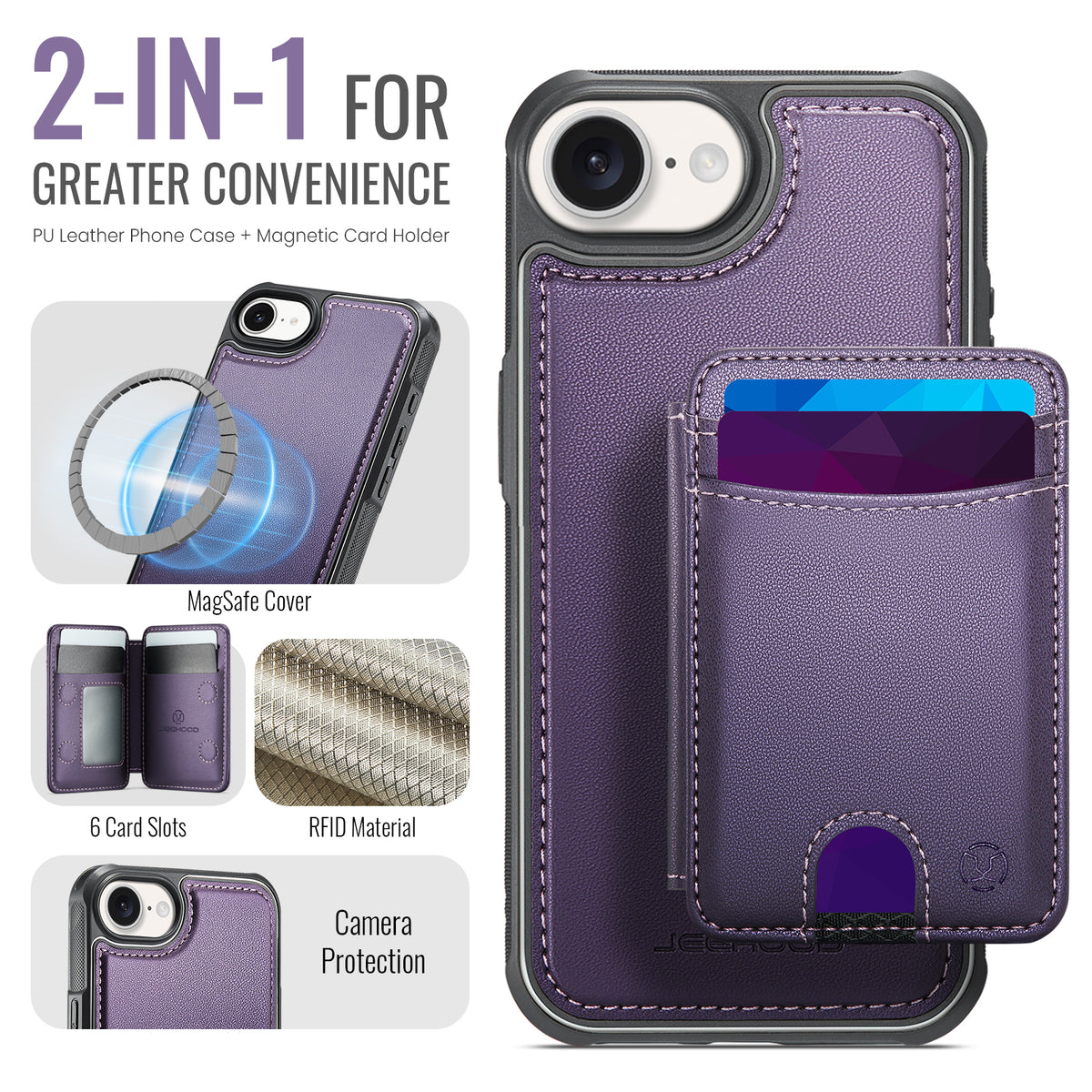 JEEHOOD til iPhone 17e / 16e cover J10 kompatibel med MagSafe læder bagcover til telefon med aftagelig kortholder kickstand