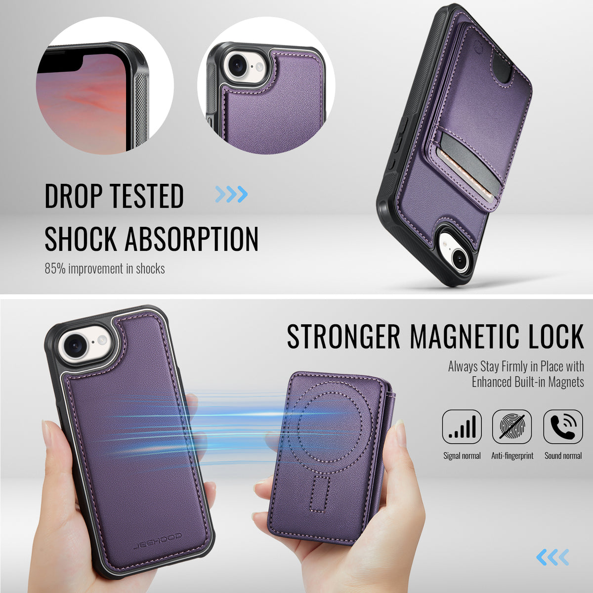 JEEHOOD til iPhone 17e / 16e cover J10 kompatibel med MagSafe læder bagcover til telefon med aftagelig kortholder kickstand