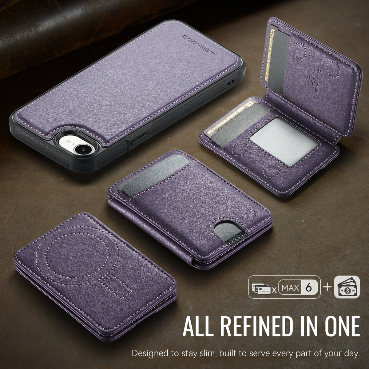 JEEHOOD til iPhone 17e / 16e cover J10 kompatibel med MagSafe læder bagcover til telefon med aftagelig kortholder kickstand