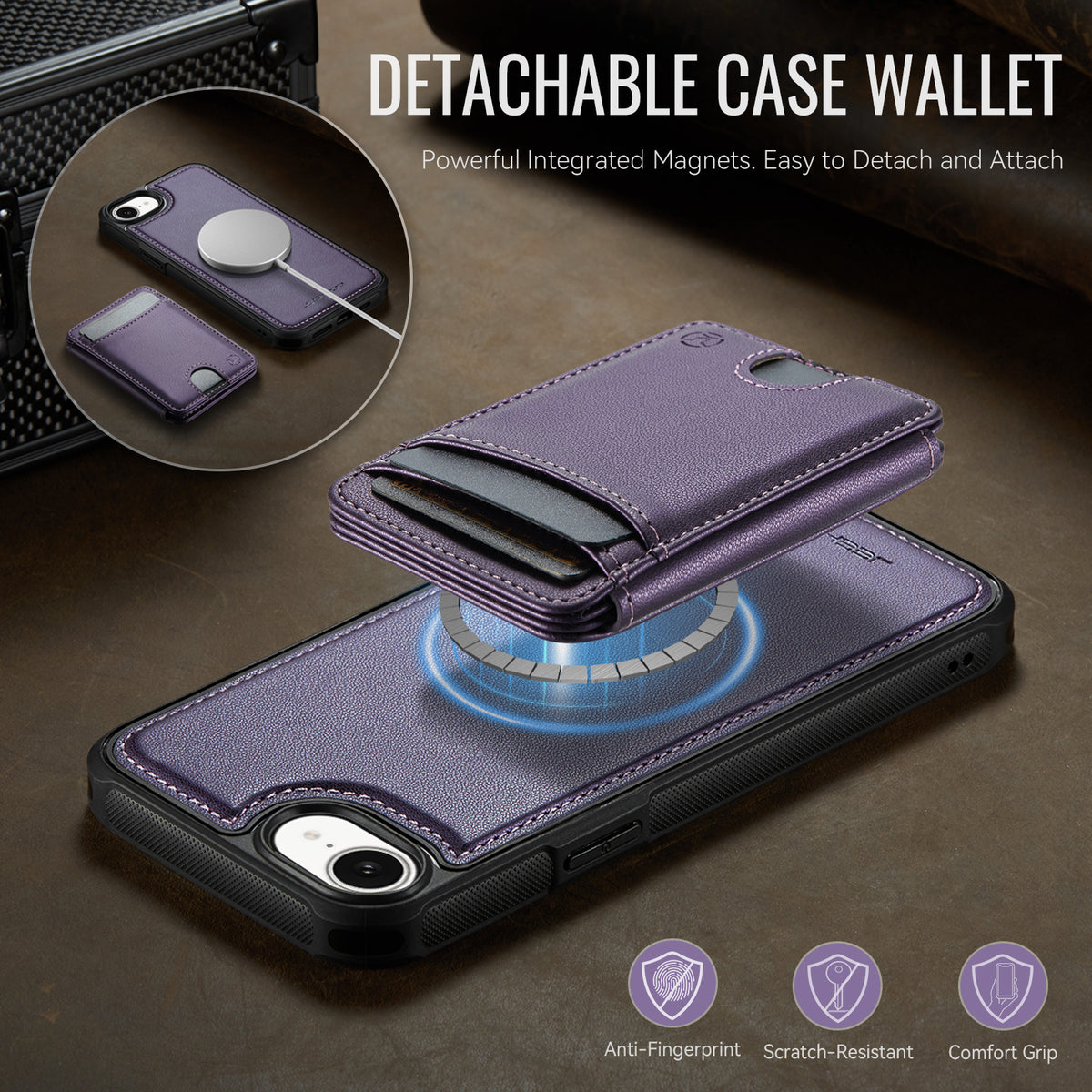 JEEHOOD til iPhone 17e / 16e cover J10 kompatibel med MagSafe læder bagcover til telefon med aftagelig kortholder kickstand