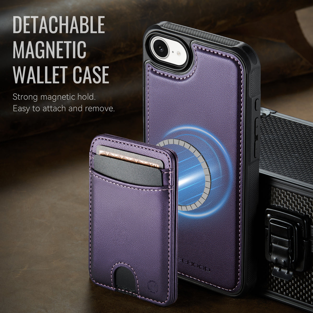 JEEHOOD til iPhone 17e / 16e cover J10 kompatibel med MagSafe læder bagcover til telefon med aftagelig kortholder kickstand