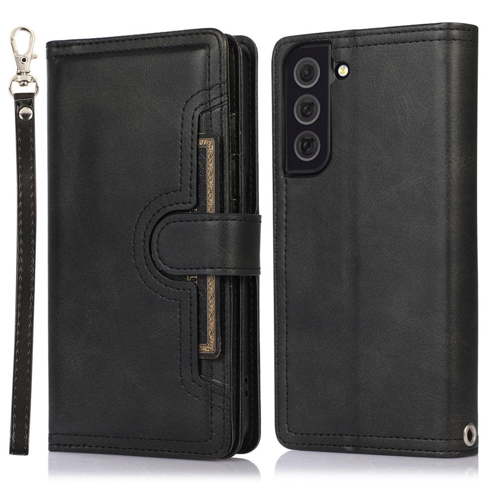 For Samsung Galaxy S23 Split Leather Magnetic Flip Protective Case Stand Multiple Card Slots Wallet Phone Cover with Hand Strap