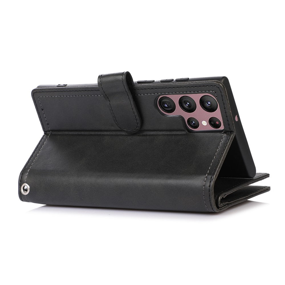 For Samsung Galaxy S23 Ultra Split Leather Multiple Card Slots Phone Case Stand Feature Wallet Flip Magnetic Cover with Hand Strap