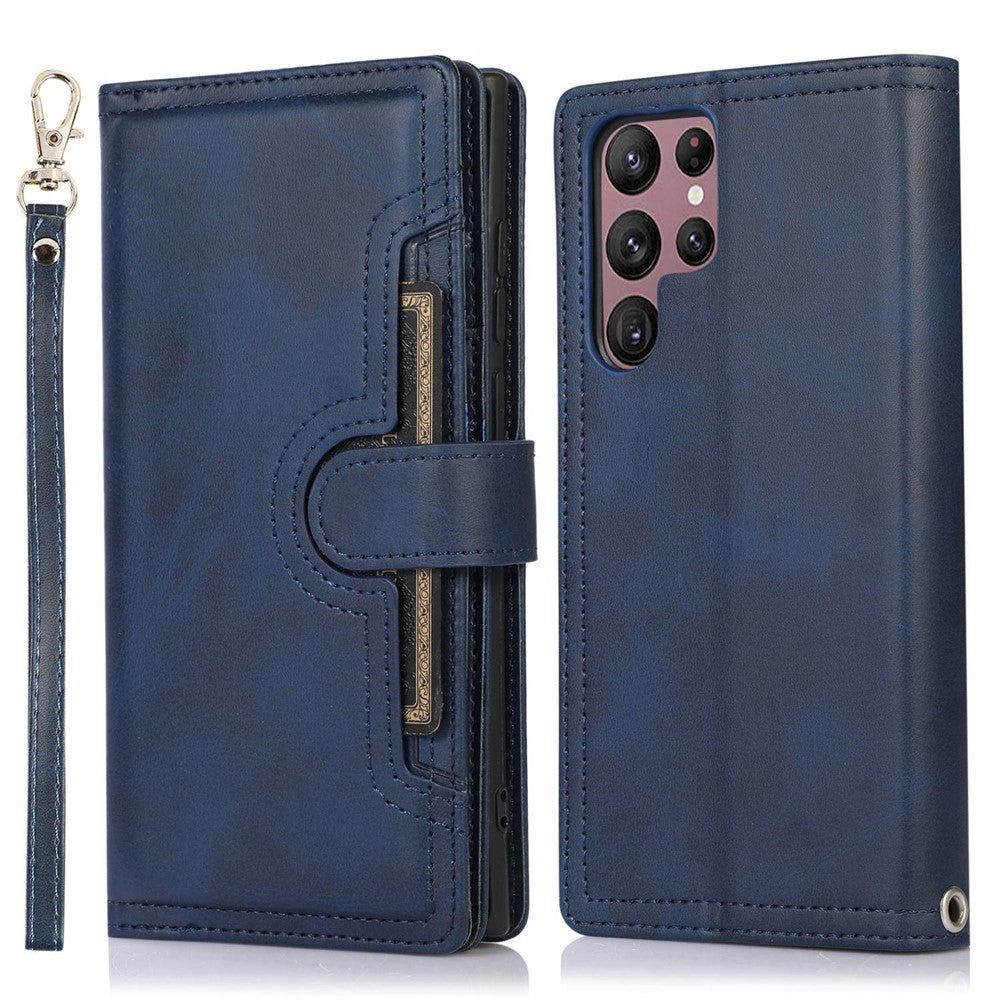 For Samsung Galaxy S23 Ultra Split Leather Multiple Card Slots Phone Case Stand Feature Wallet Flip Magnetic Cover with Hand Strap