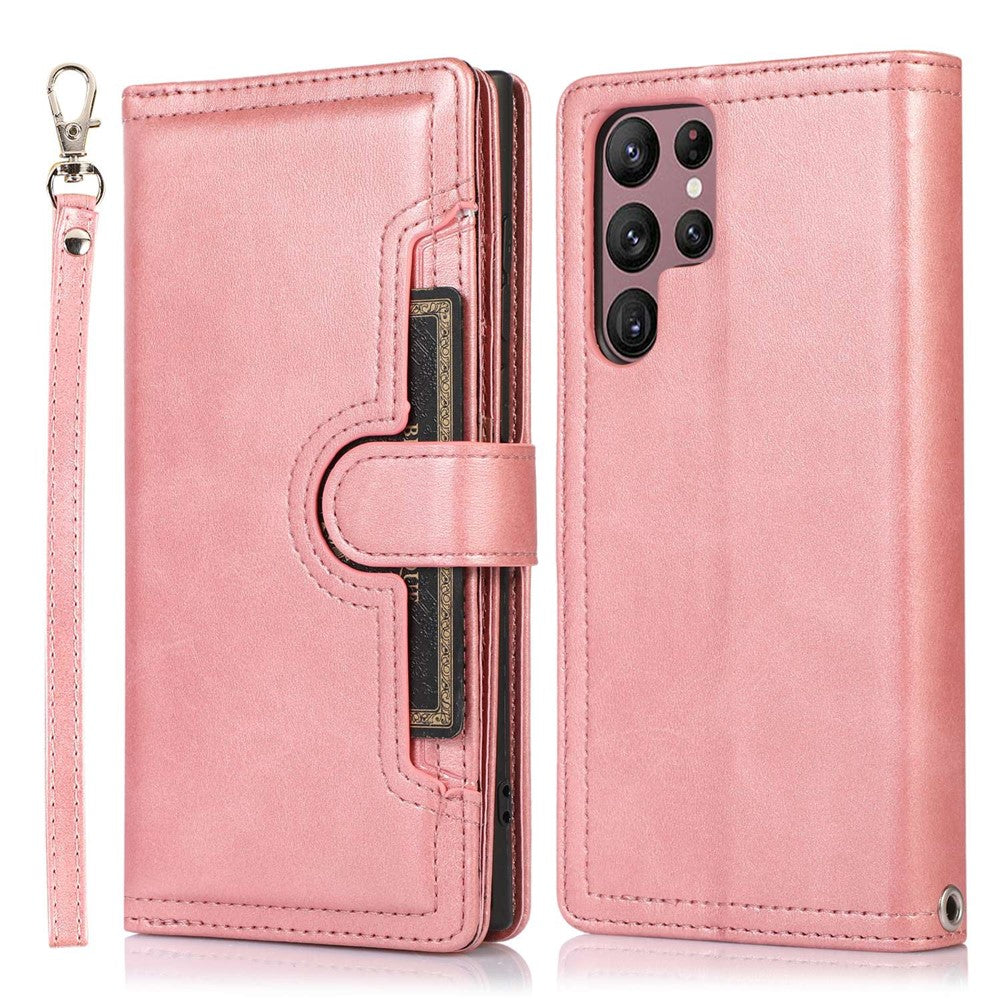 For Samsung Galaxy S23 Ultra Split Leather Multiple Card Slots Phone Case Stand Feature Wallet Flip Magnetic Cover with Hand Strap