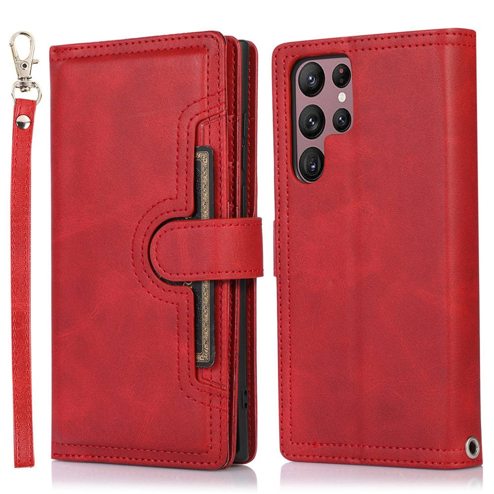 For Samsung Galaxy S23 Ultra Split Leather Multiple Card Slots Phone Case Stand Feature Wallet Flip Magnetic Cover with Hand Strap