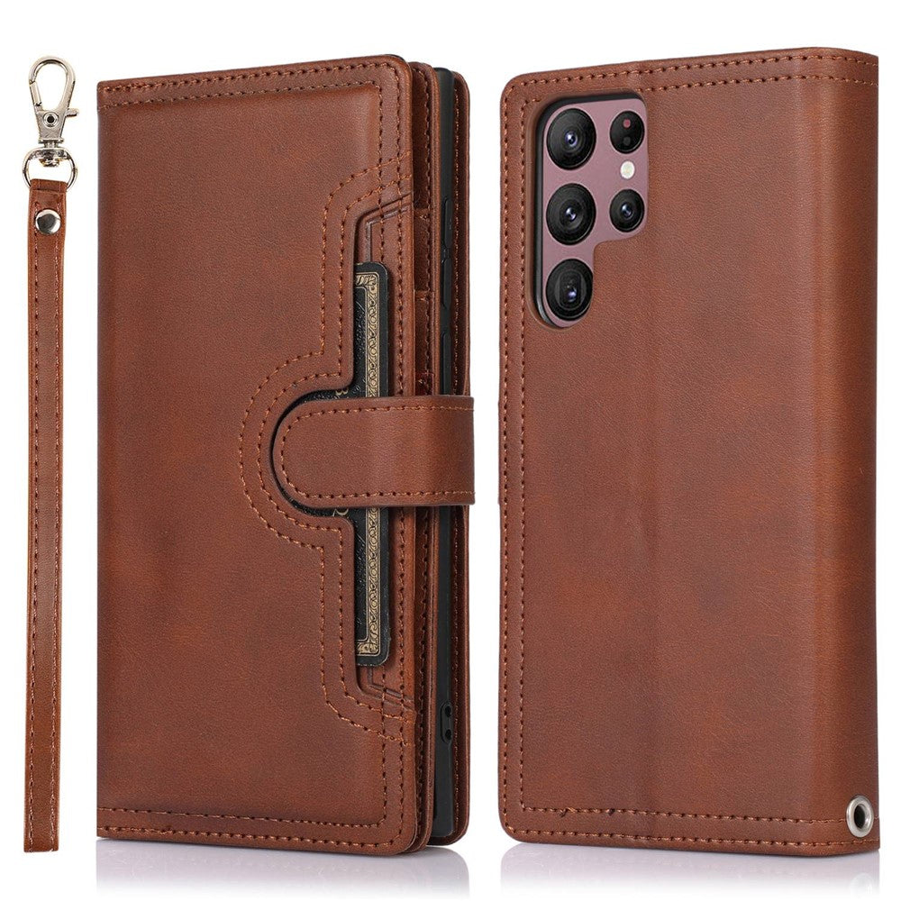 For Samsung Galaxy S23 Ultra Split Leather Multiple Card Slots Phone Case Stand Feature Wallet Flip Magnetic Cover with Hand Strap
