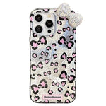 Til iPhone 16 Pro Max Hybrid Cover Leopard Sløjfe Mønster TPU PC Telefoncover 3D Rhinsten Sløjfe Dekoration
