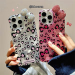 Til iPhone 16 Pro Max Hybrid Cover Leopard Sløjfe Mønster TPU PC Telefoncover 3D Rhinsten Sløjfe Dekoration