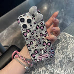 Til iPhone 16 Pro Max Hybrid Cover Leopard Sløjfe Mønster TPU PC Telefoncover 3D Rhinsten Sløjfe Dekoration