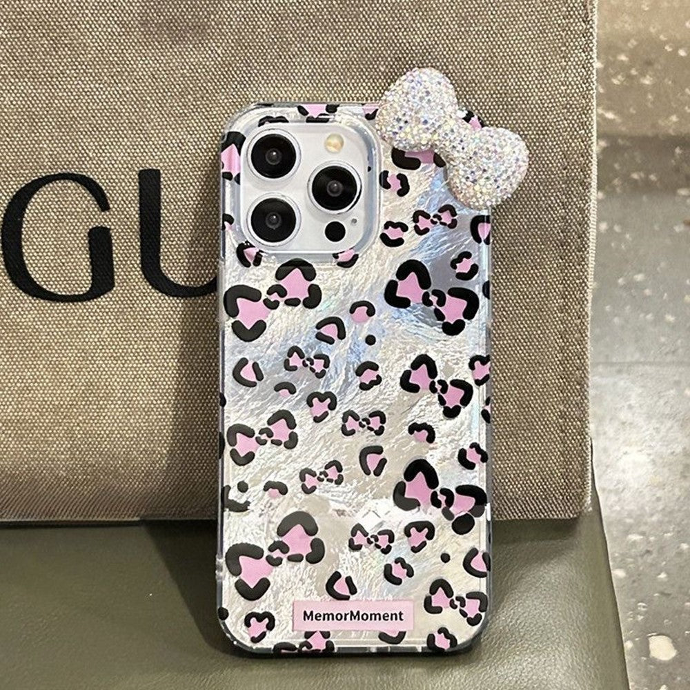 Til iPhone 16 Pro Max Hybrid Cover Leopard Sløjfe Mønster TPU PC Telefoncover 3D Rhinsten Sløjfe Dekoration