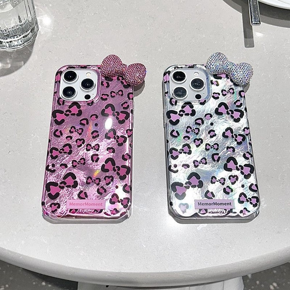 Til iPhone 16 Pro Max Hybrid Cover Leopard Sløjfe Mønster TPU PC Telefoncover 3D Rhinsten Sløjfe Dekoration