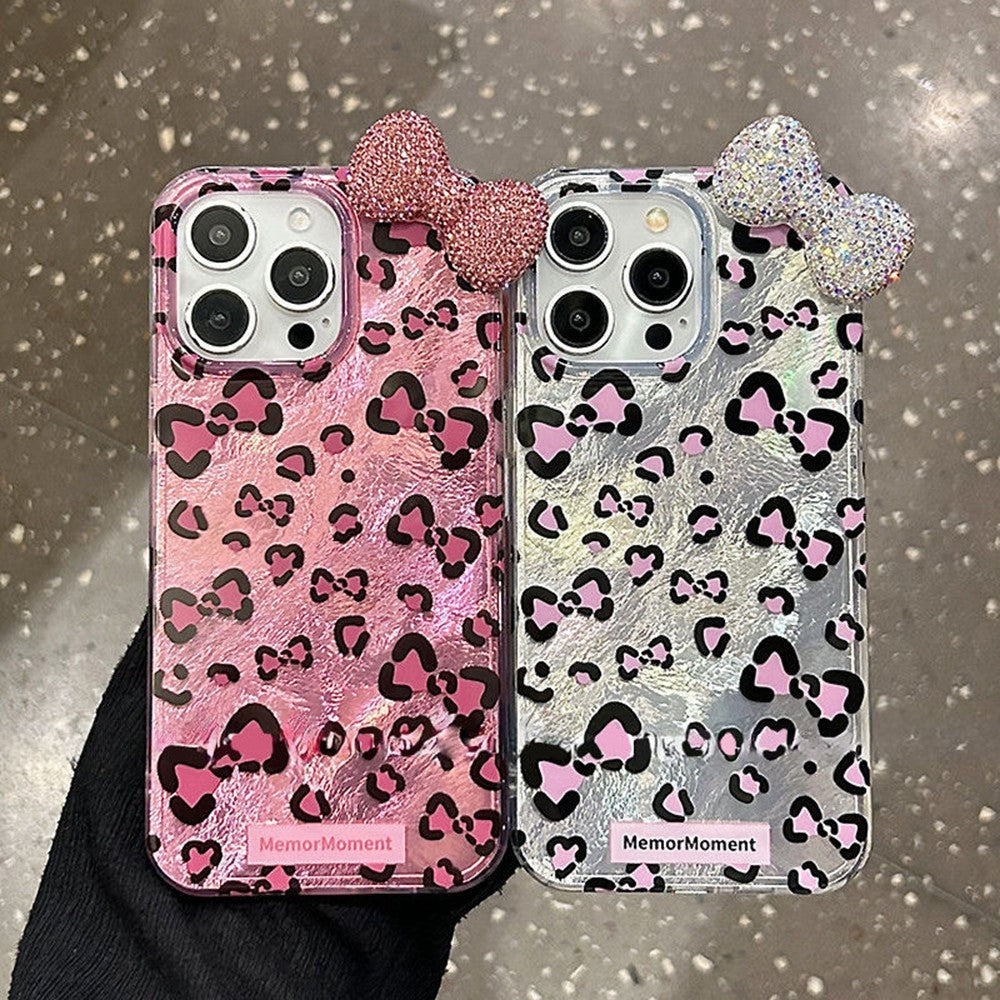 Til iPhone 16 Pro Max Hybrid Cover Leopard Sløjfe Mønster TPU PC Telefoncover 3D Rhinsten Sløjfe Dekoration
