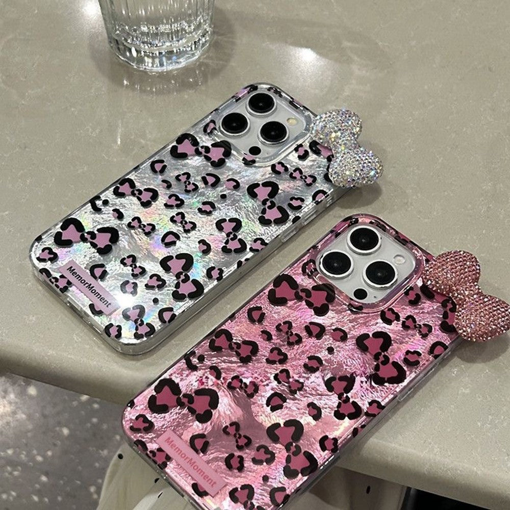 Til iPhone 16 Pro Max Hybrid Cover Leopard Sløjfe Mønster TPU PC Telefoncover 3D Rhinsten Sløjfe Dekoration