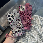 Til iPhone 16 Pro Max Hybrid Cover Leopard Sløjfe Mønster TPU PC Telefoncover 3D Rhinsten Sløjfe Dekoration