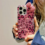 Til iPhone 16 Pro Max Hybrid Cover Leopard Sløjfe Mønster TPU PC Telefoncover 3D Rhinsten Sløjfe Dekoration