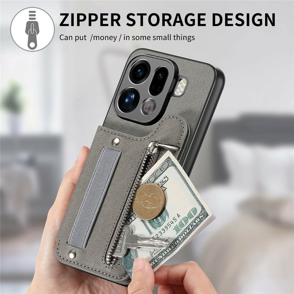 For Oppo Find X9 Pro 5G Case RFID Blocking Card Holder Jeans Cloth Texture Leather Back Cover with Elastic Wristband