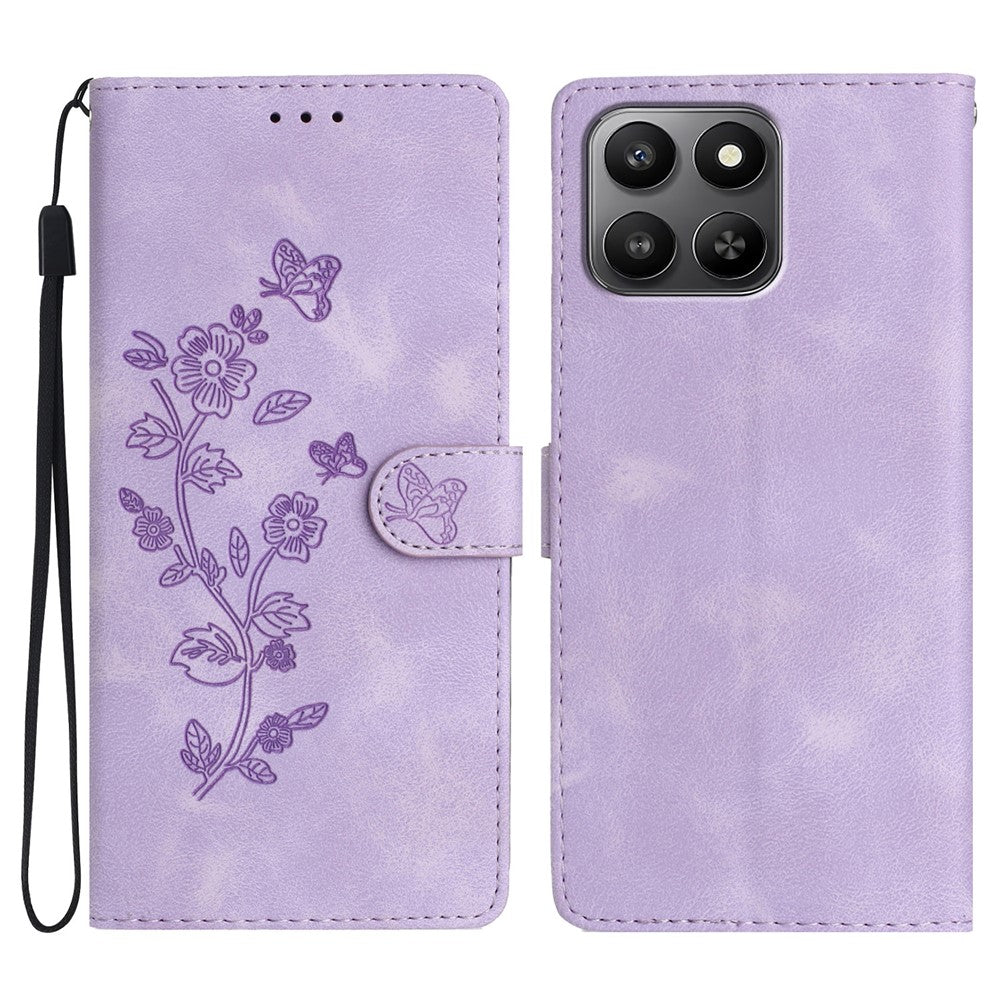 Leather Case For Honor 400 Smart 5G / 4G / X7d 4G Imprinted Flower Phone Cover with Wrist Strap