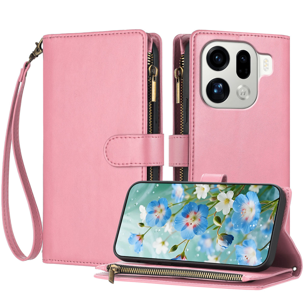 For Oppo Find X9 Pro 5G Leather Case Zipper Wallet Stand Shockproof Phone Cover with Wrist Strap