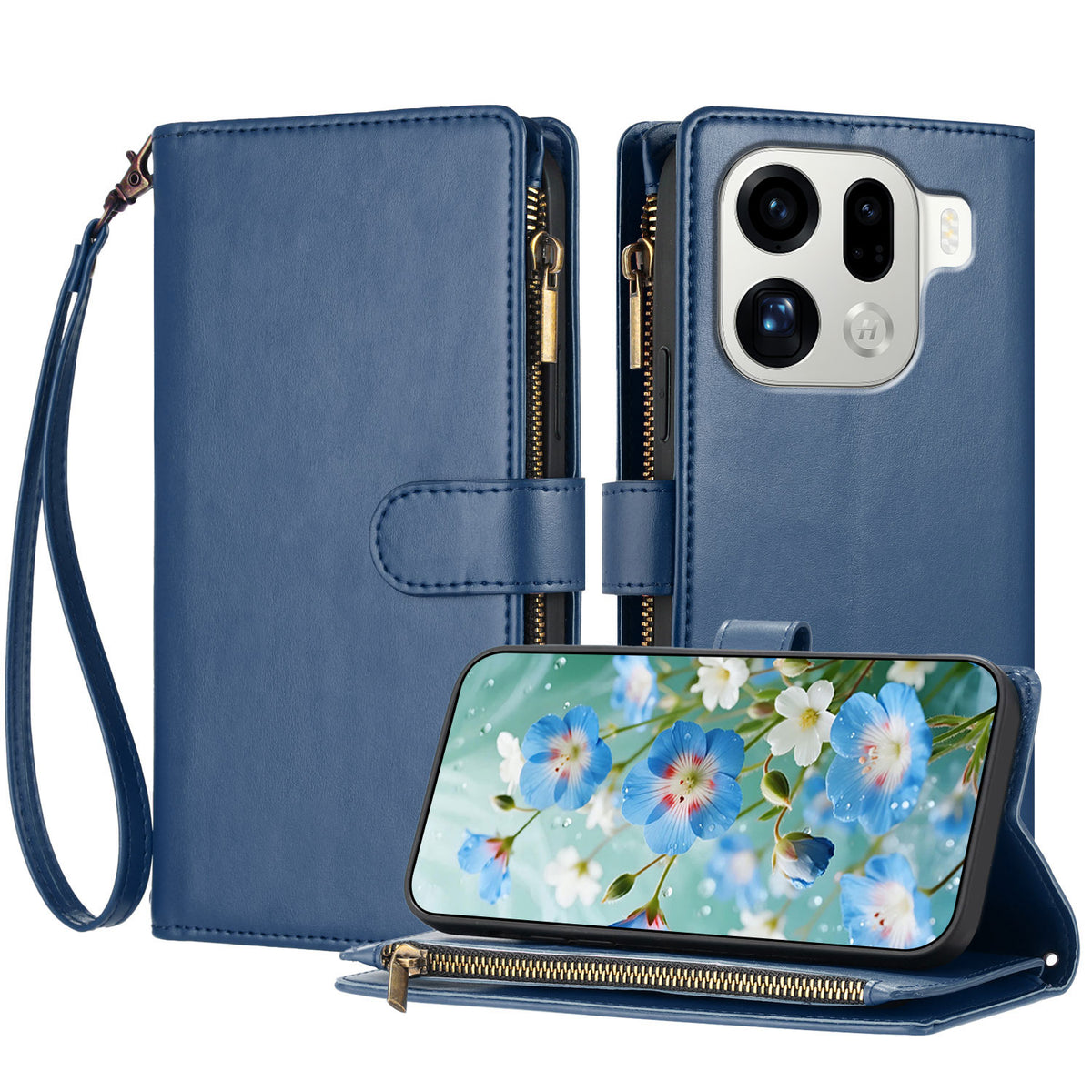 For Oppo Find X9 Pro 5G Leather Case Zipper Wallet Stand Shockproof Phone Cover with Wrist Strap